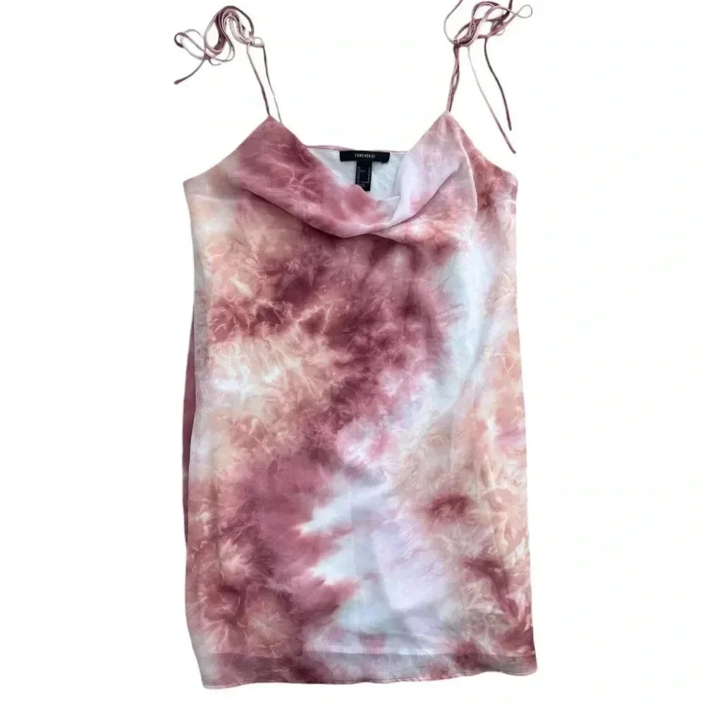 FOREVER 21 Mauve Pink Tie-Dye Cowl Neck 90s Mini Dress Smal Tie Spaghetti Straps